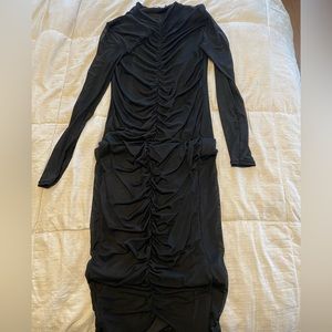 draped black midi dress